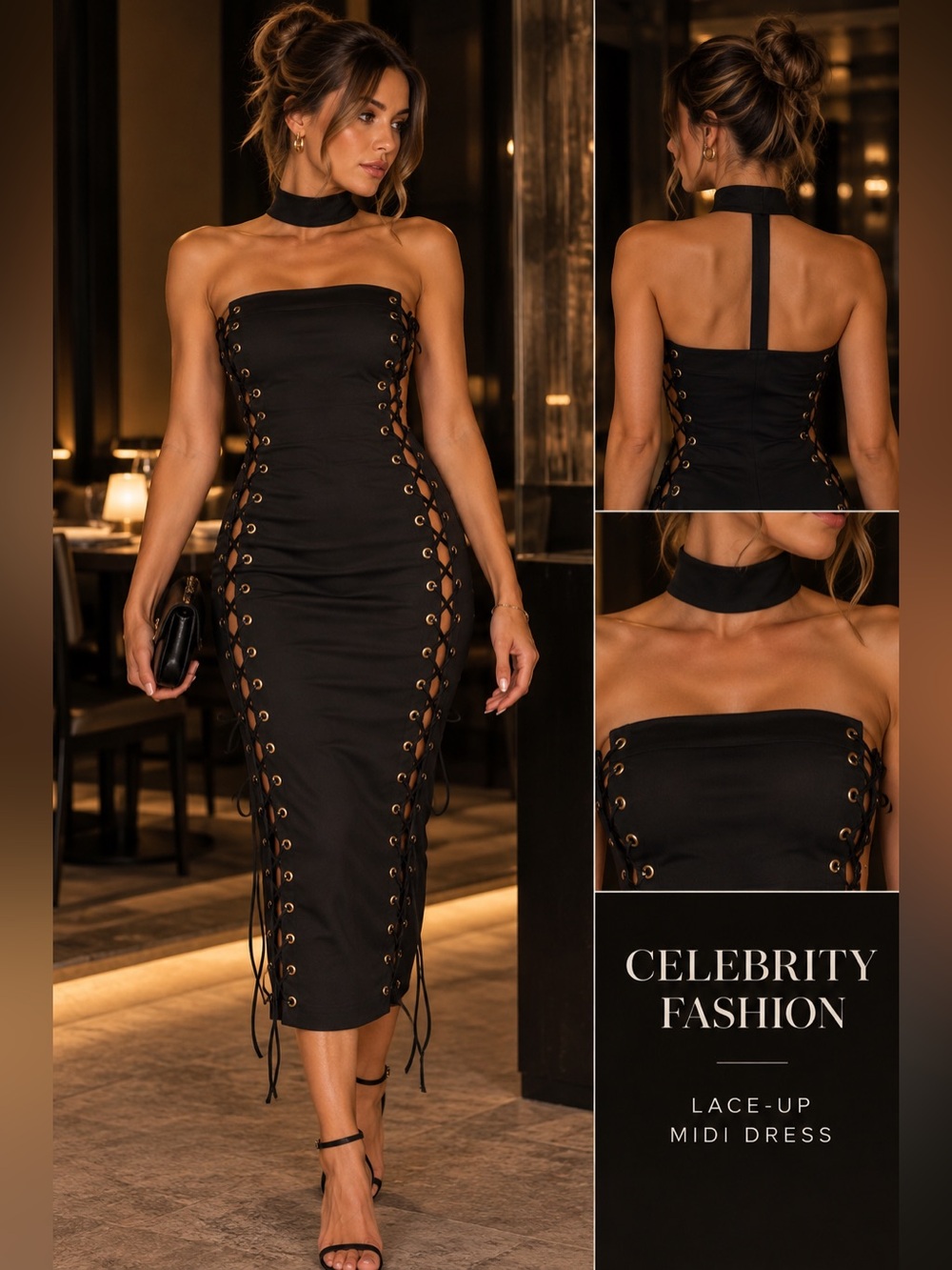 Celebrity Fashion Black Lace-Up Maxi Dress Size S Halter Bodycon